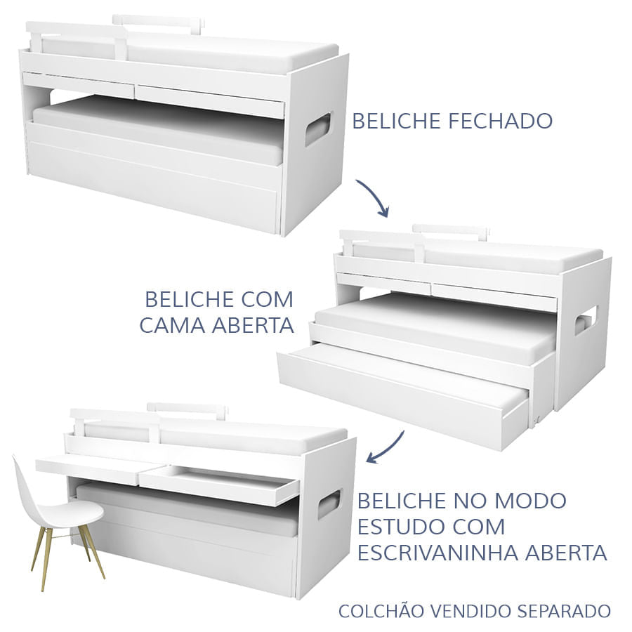 Beliche Multi com Cama Auxiliar e Mesa de Estudo Cinza