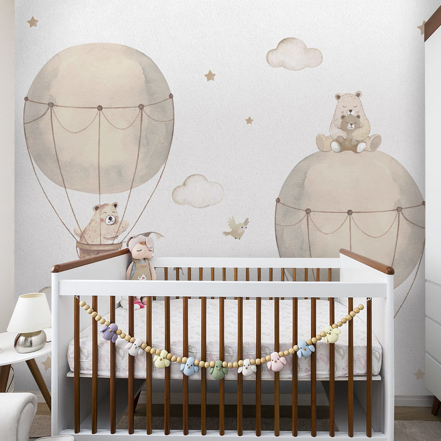 Papel de Parede Infantil Balão com Urso Miguel e Emily - Mural