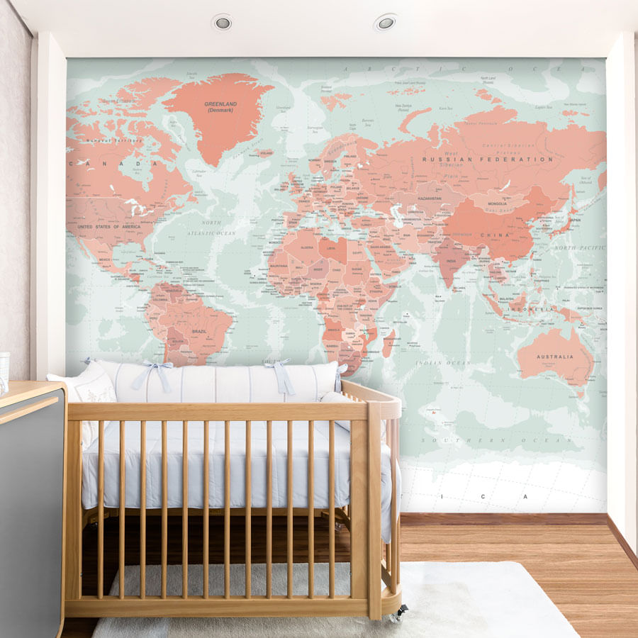 Papel de Parede Infantil Mapa Mundi Geopolítico Verde Malva - Mural