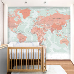Papel de Parede Infantil Mapa Mundi Geopolítico Verde Malva - Mural