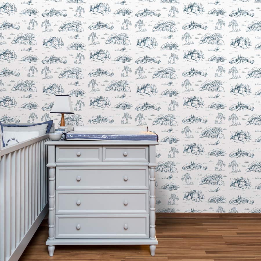 Papel de Parede Infantil Toile de Jouy Azul Polo