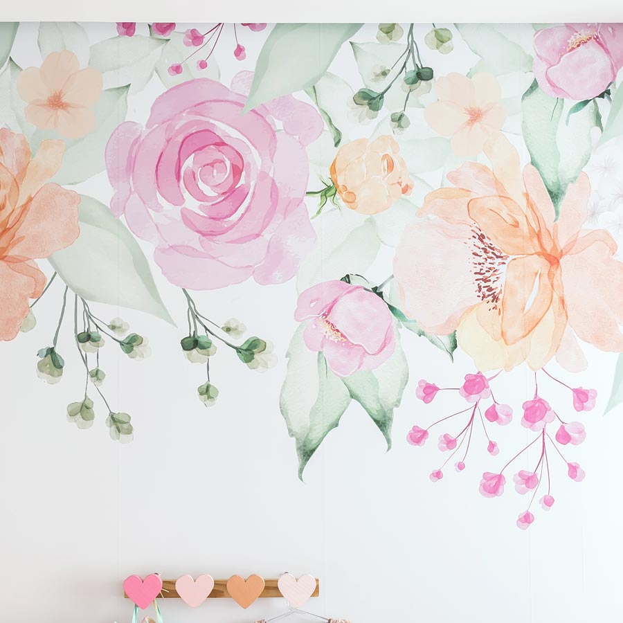 Papel de Parede Infantil Jardim com Rosas Aquarela Coral - Mural
