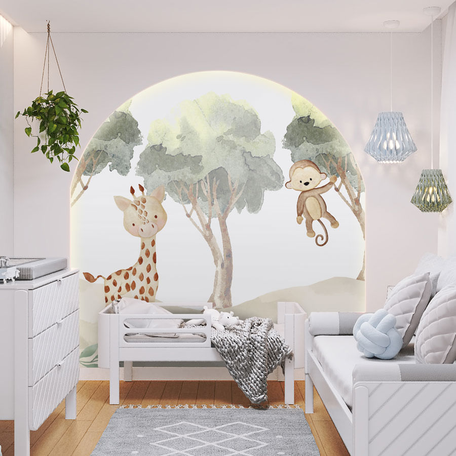 Papel de Parede Infantil Selva Girafa e Macaco - Mural