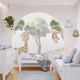 Papel de Parede Infantil Selva Girafa e Macaco - Mural