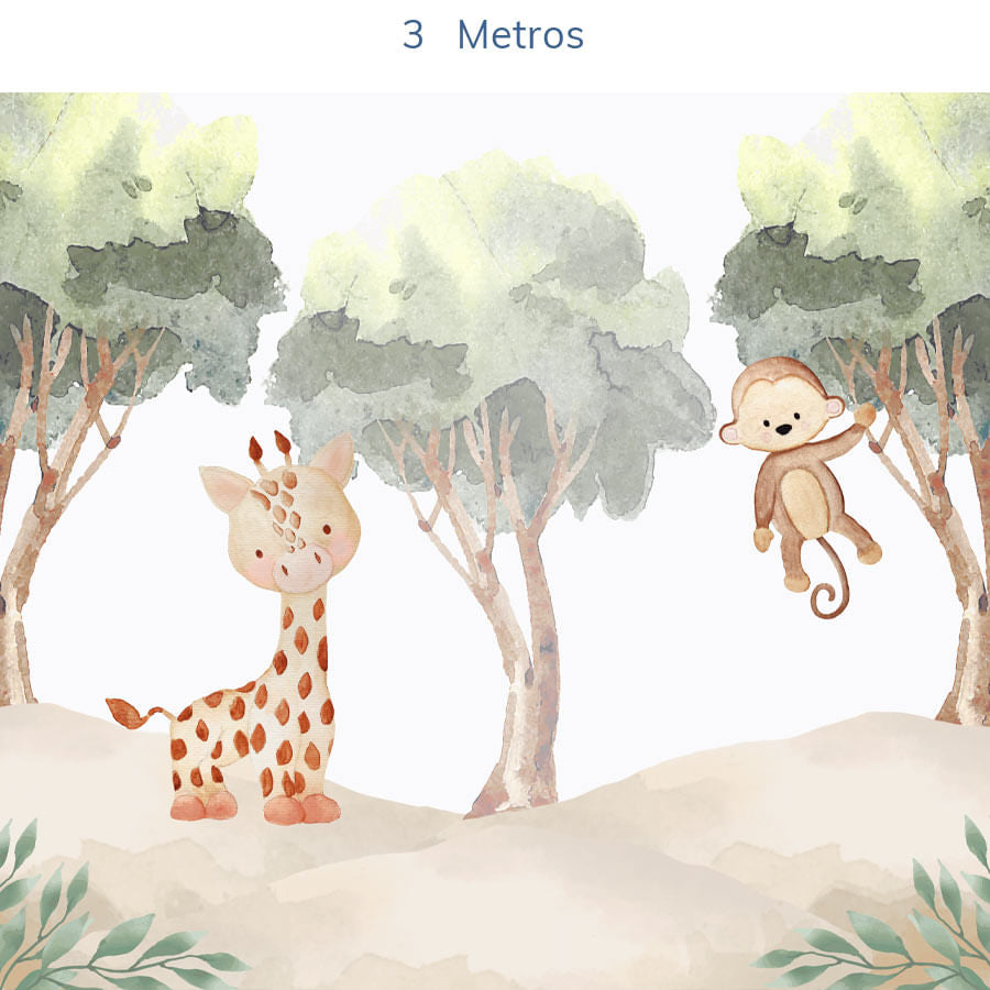 Papel de Parede Infantil Selva Girafa e Macaco - Mural