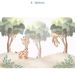 Papel de Parede Infantil Selva Girafa e Macaco - Mural