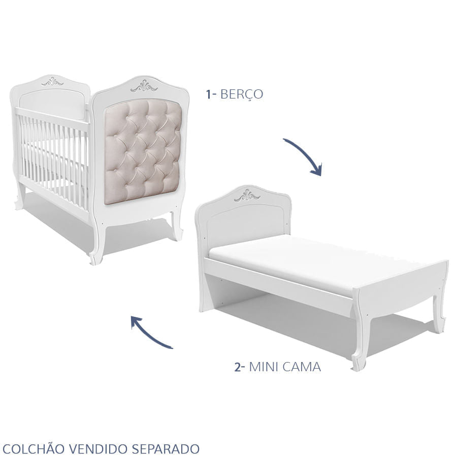 Berço Nóbile Branco Provençal com Capitonê Bege