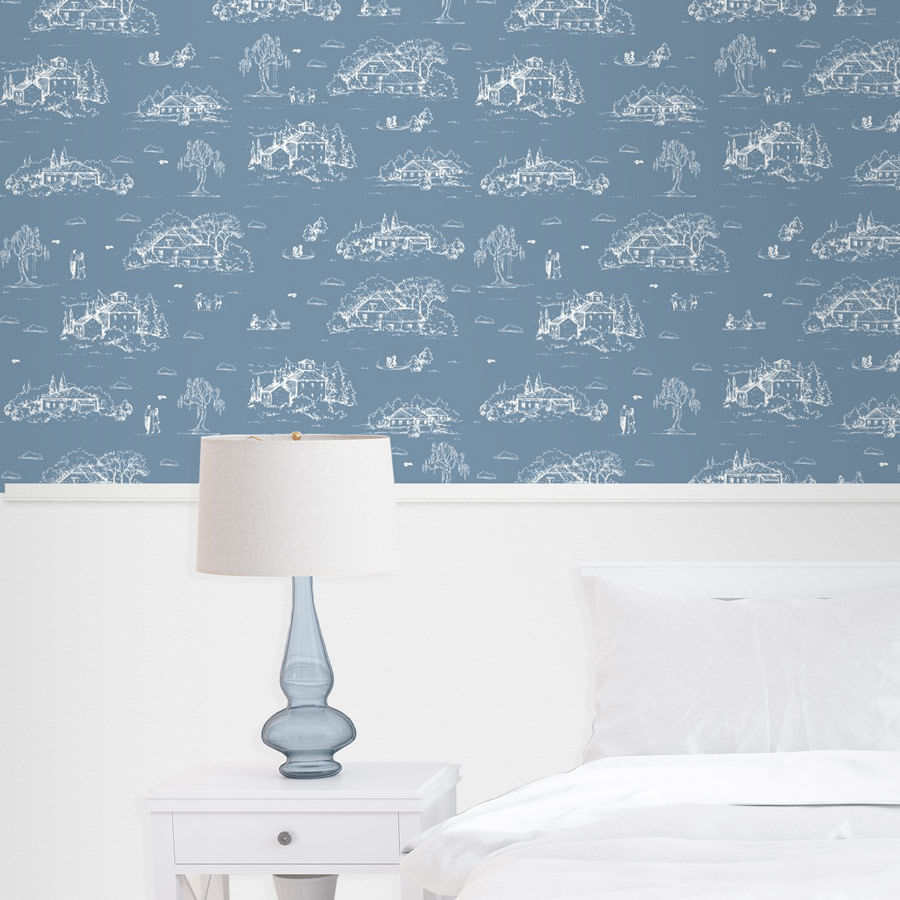 Papel de Parede Toile de Jouy Adulto Azul Clássico