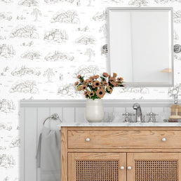 Papel de Parede Toile de Jouy Adulto Bege com Fundo Branco