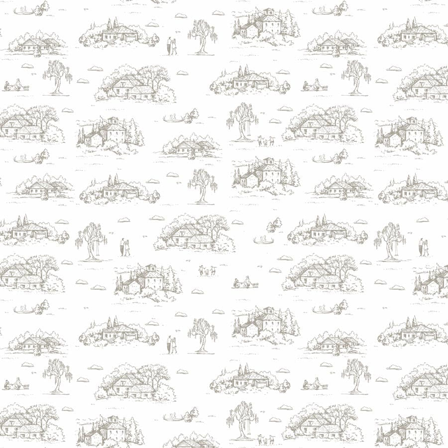 Papel de Parede Toile de Jouy Adulto Bege com Fundo Branco