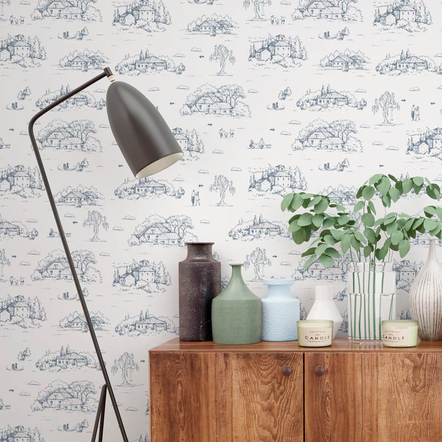 Papel de Parede Toile de Jouy Adulto Azul Clássico com Fundo Branco