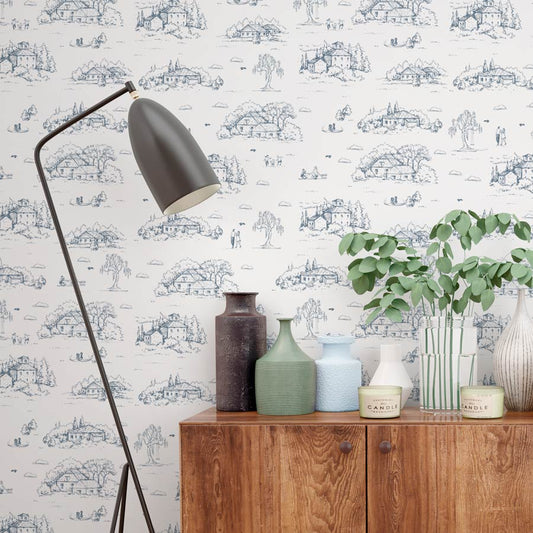 Papel de Parede Toile de Jouy Adulto Azul Clássico com Fundo Branco