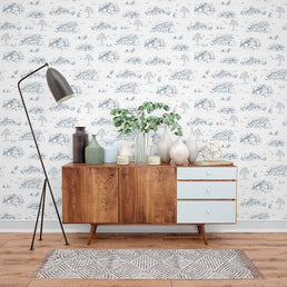 Papel de Parede Toile de Jouy Adulto Azul Clássico com Fundo Branco