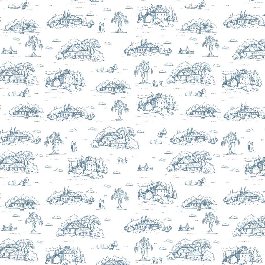Papel de Parede Toile de Jouy Adulto Azul Clássico com Fundo Branco