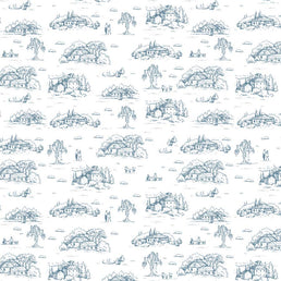 Papel de Parede Toile de Jouy Adulto Azul Clássico com Fundo Branco