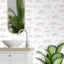 Papel de Parede Toile de Jouy Adulto Rosa Chá com Fundo Branco