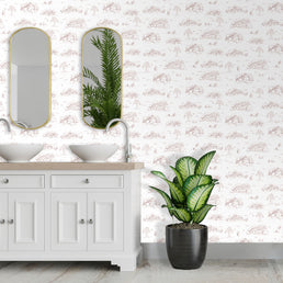 Papel de Parede Toile de Jouy Adulto Rosa Chá com Fundo Branco