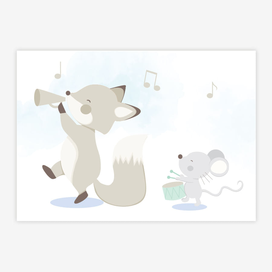 Quadro Infantil Raposa e Ratinho Músicos Azul