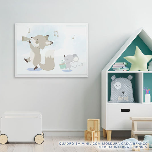 Quadro Infantil Raposa e Ratinho Músicos Azul