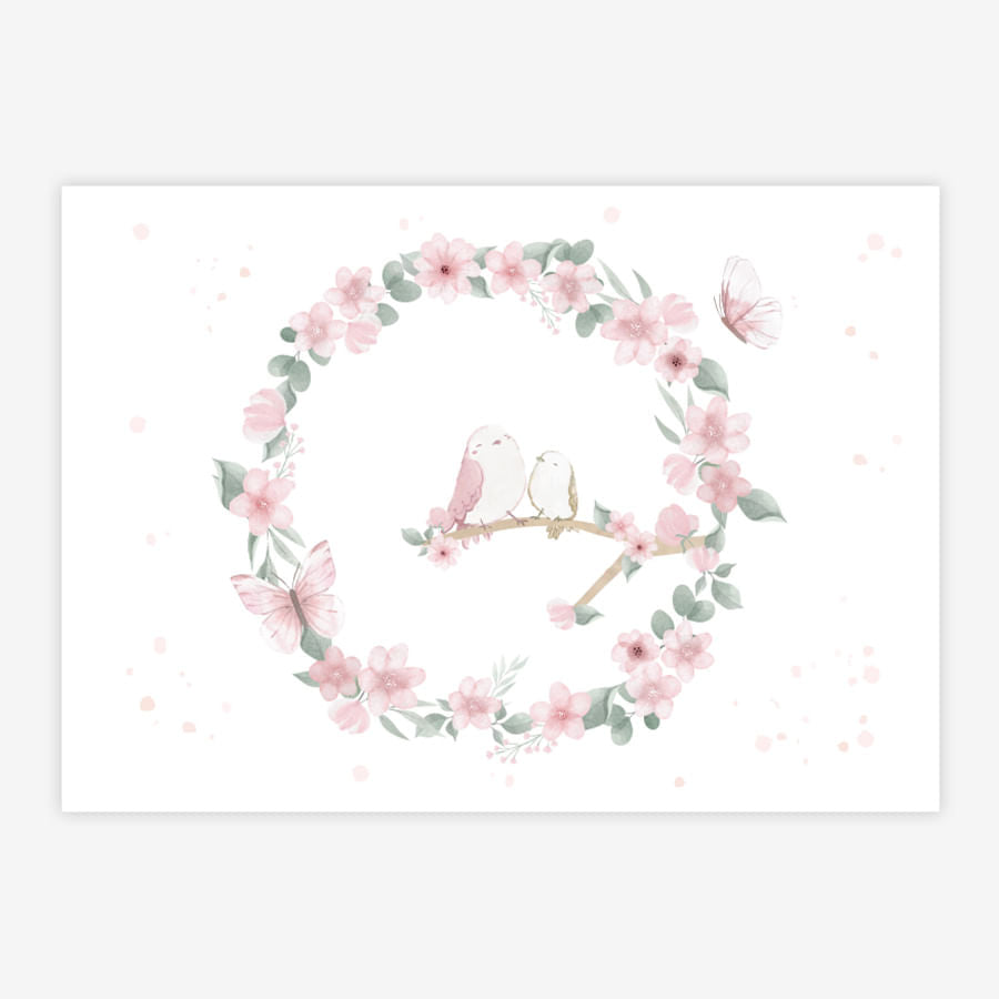 Quadro Infantil Jardim Guirlanda com Pássaros Rosa