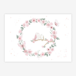 Quadro Infantil Jardim Guirlanda com Pássaros Rosa