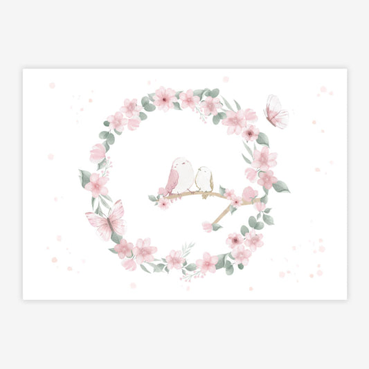 Quadro Infantil Jardim Guirlanda com Pássaros Rosa