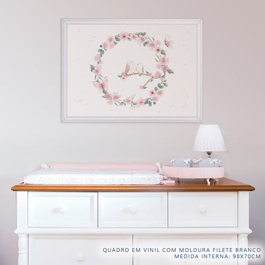 Quadro Infantil Jardim Guirlanda com Pássaros Rosa