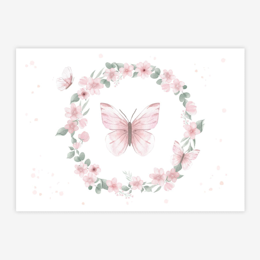 Quadro Infantil Jardim Guirlanda com Borboletas Rosa