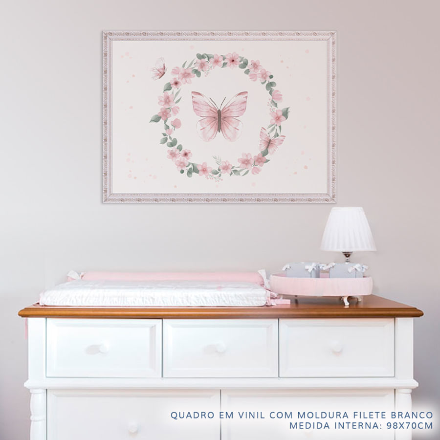 Quadro Infantil Jardim Guirlanda com Borboletas Rosa
