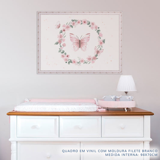 Quadro Infantil Jardim Guirlanda com Borboletas Rosa