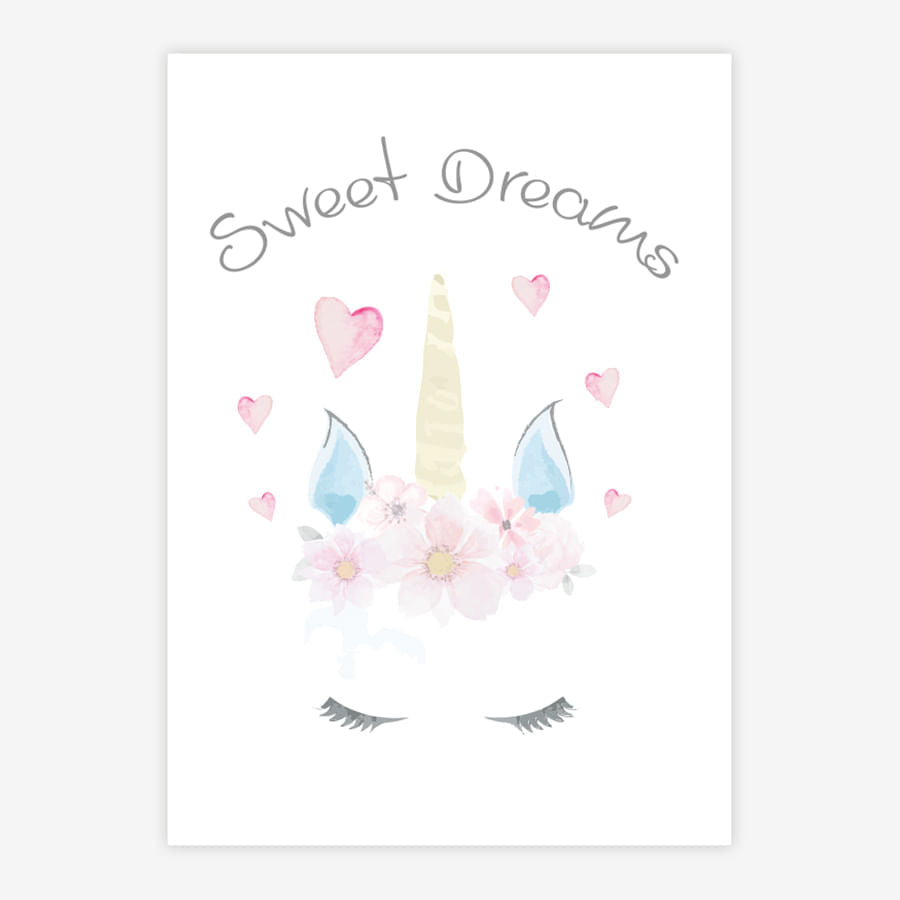 Quadro Infantil Aquarela Unicórnio Sweet Dreams Rosa