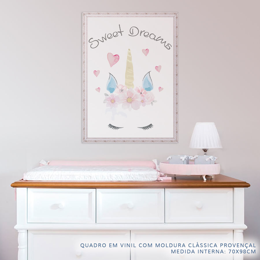 Quadro Infantil Aquarela Unicórnio Sweet Dreams Rosa