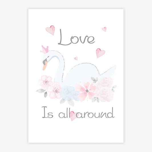 Quadro Infantil Aquarela Cisne Love Rosa