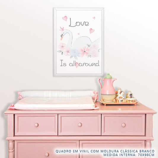 Quadro Infantil Aquarela Cisne Love Rosa