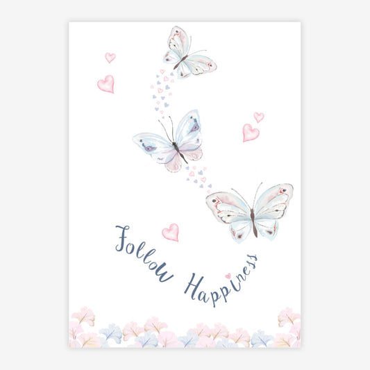 Quadro Infantil Aquarela Borboletas Follow Happiness Azul