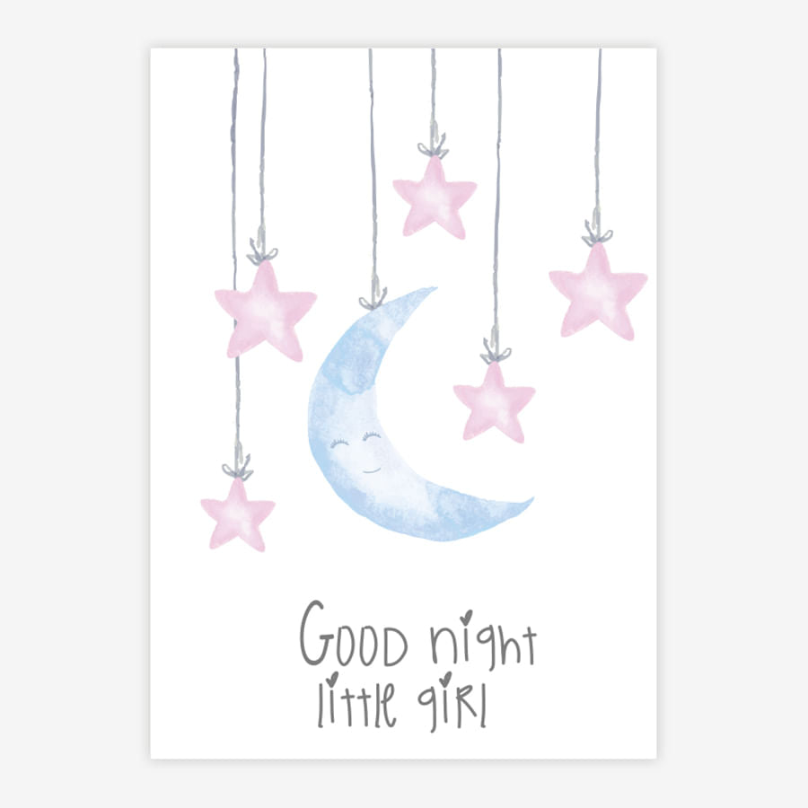 Quadro Infantil Aquarela Lua Good Night Rosa