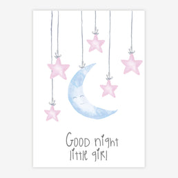 Quadro Infantil Aquarela Lua Good Night Rosa