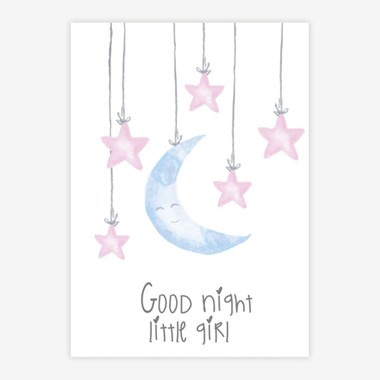 Quadro Infantil Aquarela Lua Good Night Rosa