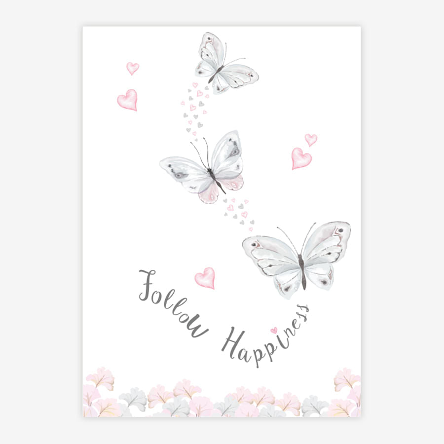 Quadro Infantil Aquarela Borboletas Follow Happiness Cinza