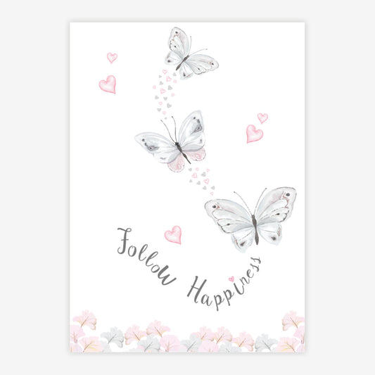 Quadro Infantil Aquarela Borboletas Follow Happiness Cinza