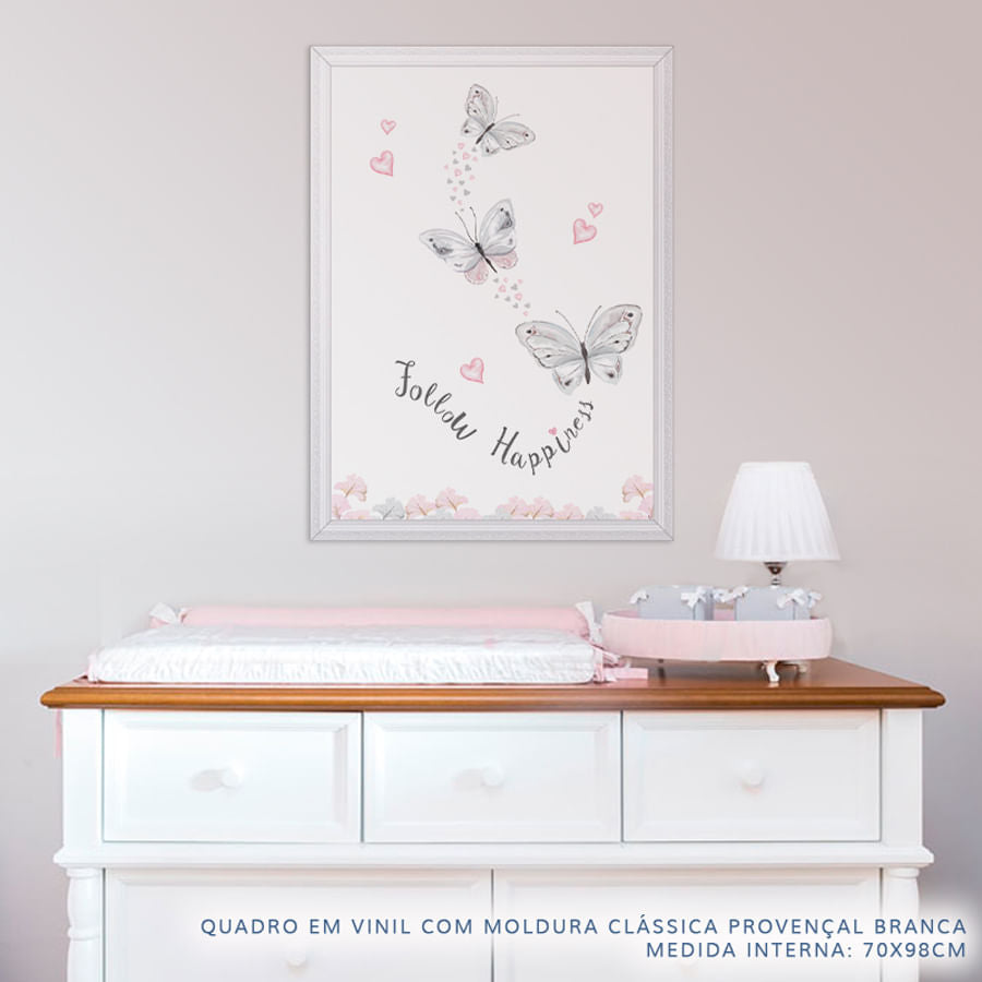 Quadro Infantil Aquarela Borboletas Follow Happiness Cinza