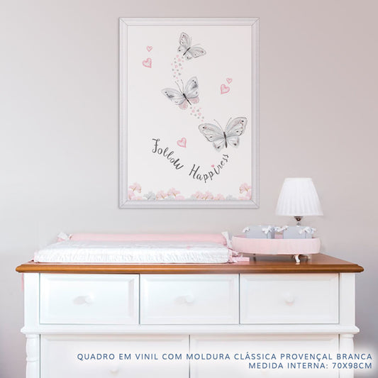 Quadro Infantil Aquarela Borboletas Follow Happiness Cinza