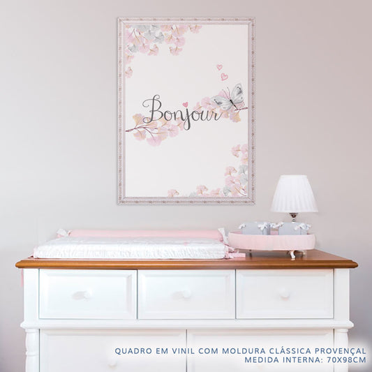 Quadro Infantil Aquarela Flores Bonjour Cinza