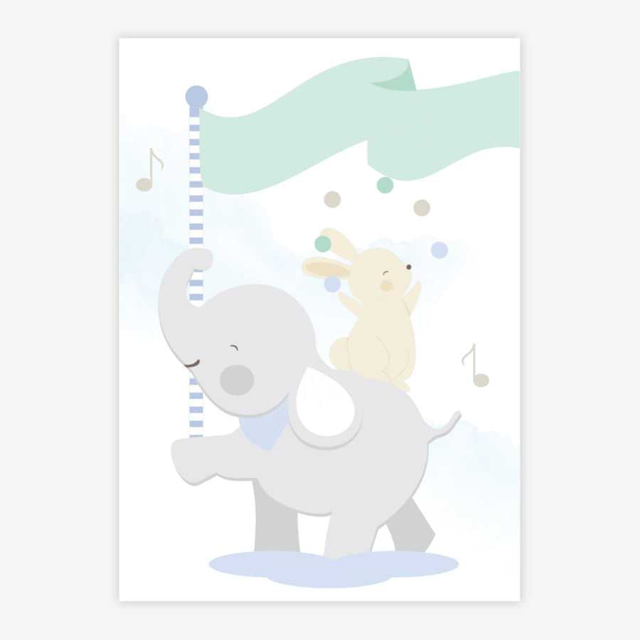 Quadro Infantil Elefante e Coelho Malabarista Azul