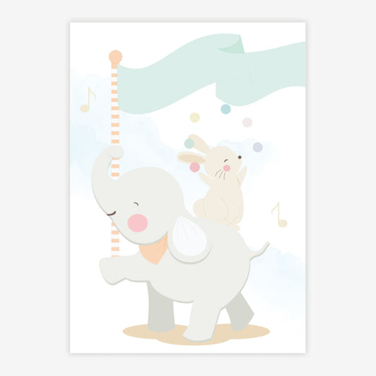 Quadro Infantil Elefante e Coelho Malabarista Malva