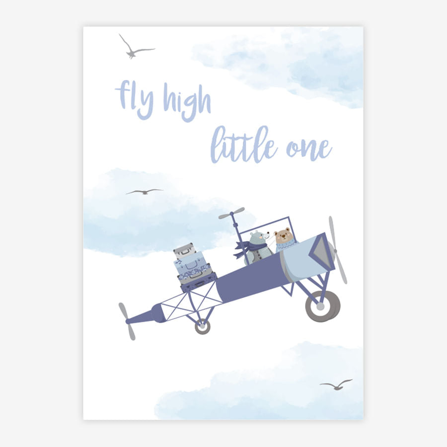 Quadro Infantil Aviador Fly High Little One Cinza