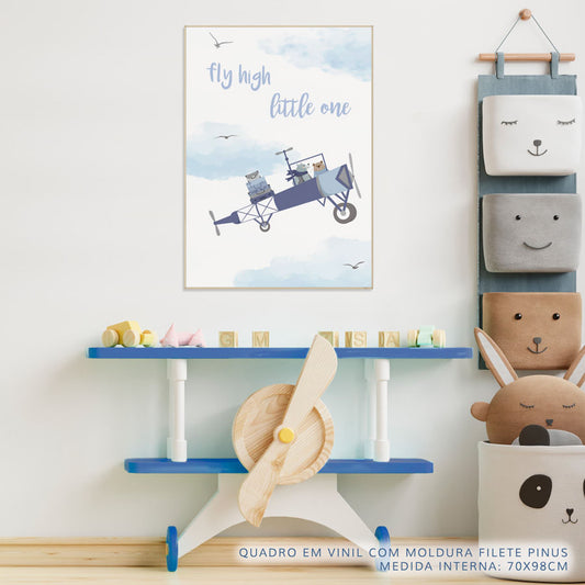 Quadro Infantil Aviador Fly High Little One Cinza