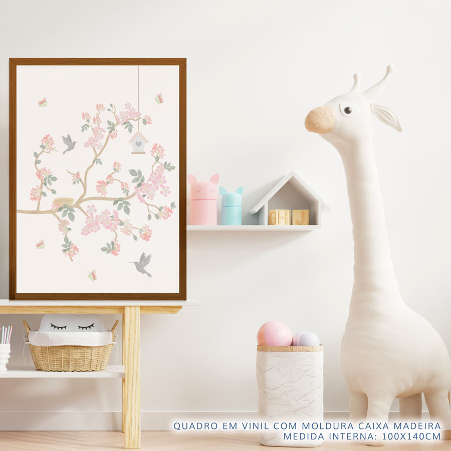Quadro Infantil Jardim Liv Galho Direito Rosa