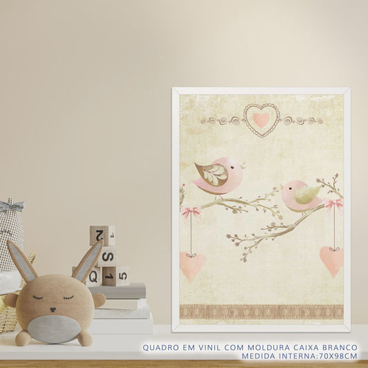 Quadro Infantil Coração Passarinhos Rosa