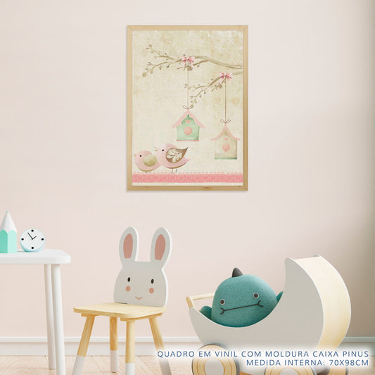 Quadro Infantil Passarinhos Casinha Rosa